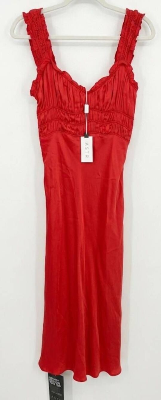 Astr womens small red slip dress midi long square neck dainty romantic